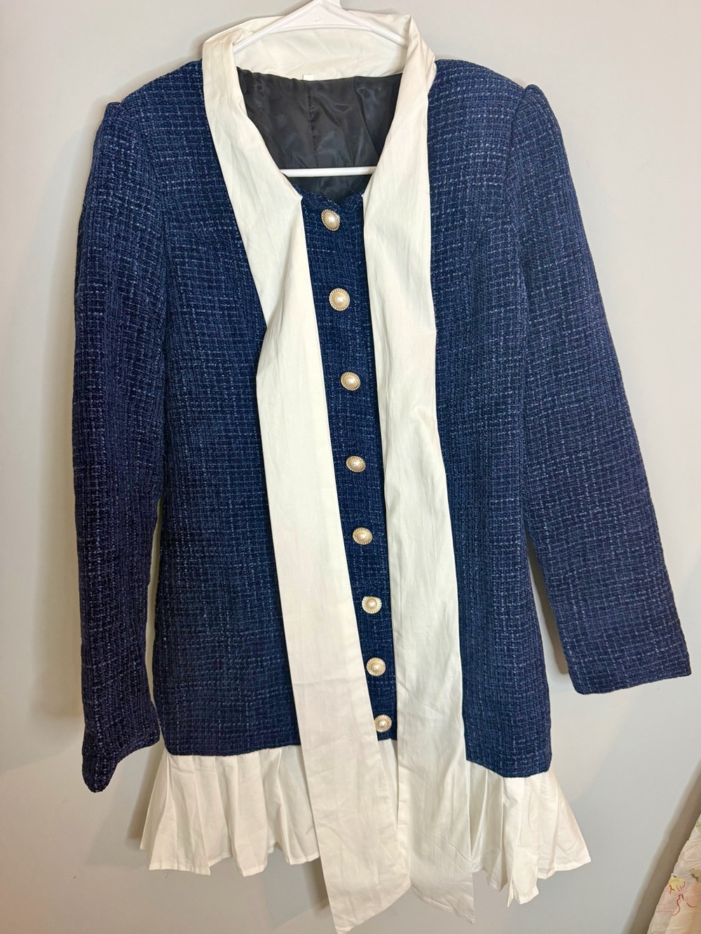 Commense Pleated Hem Bow Neckline Tweed Mini Dress - Picture 8 of 10